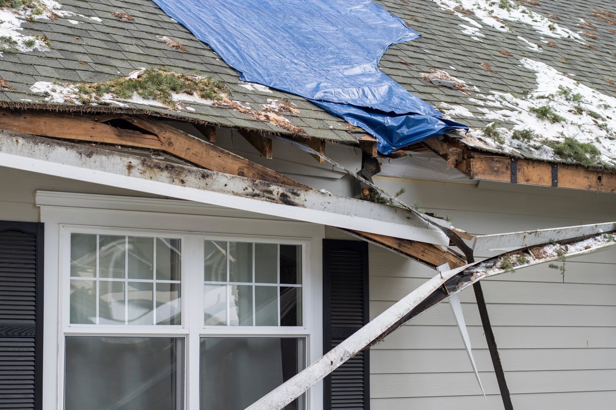 Residential house with fallen trees on the roof after a severe storm, with a tarp placed over the damaged rooftop as a temporary measure
